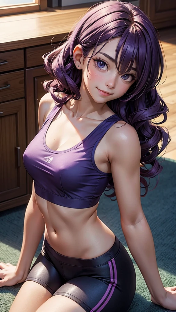 (masterpiece), (best quality), (detailed), light layer, 1solo girl, young girl, perfect body, purple hair in curls, defined large chest, small waist,defined collarbone, ultra realistic, photorealistic, detailed, ,Enhance, wearing a anime shirt and bike shorts, living room background, lying on her back on the floor, top view, smiling, arms behind head