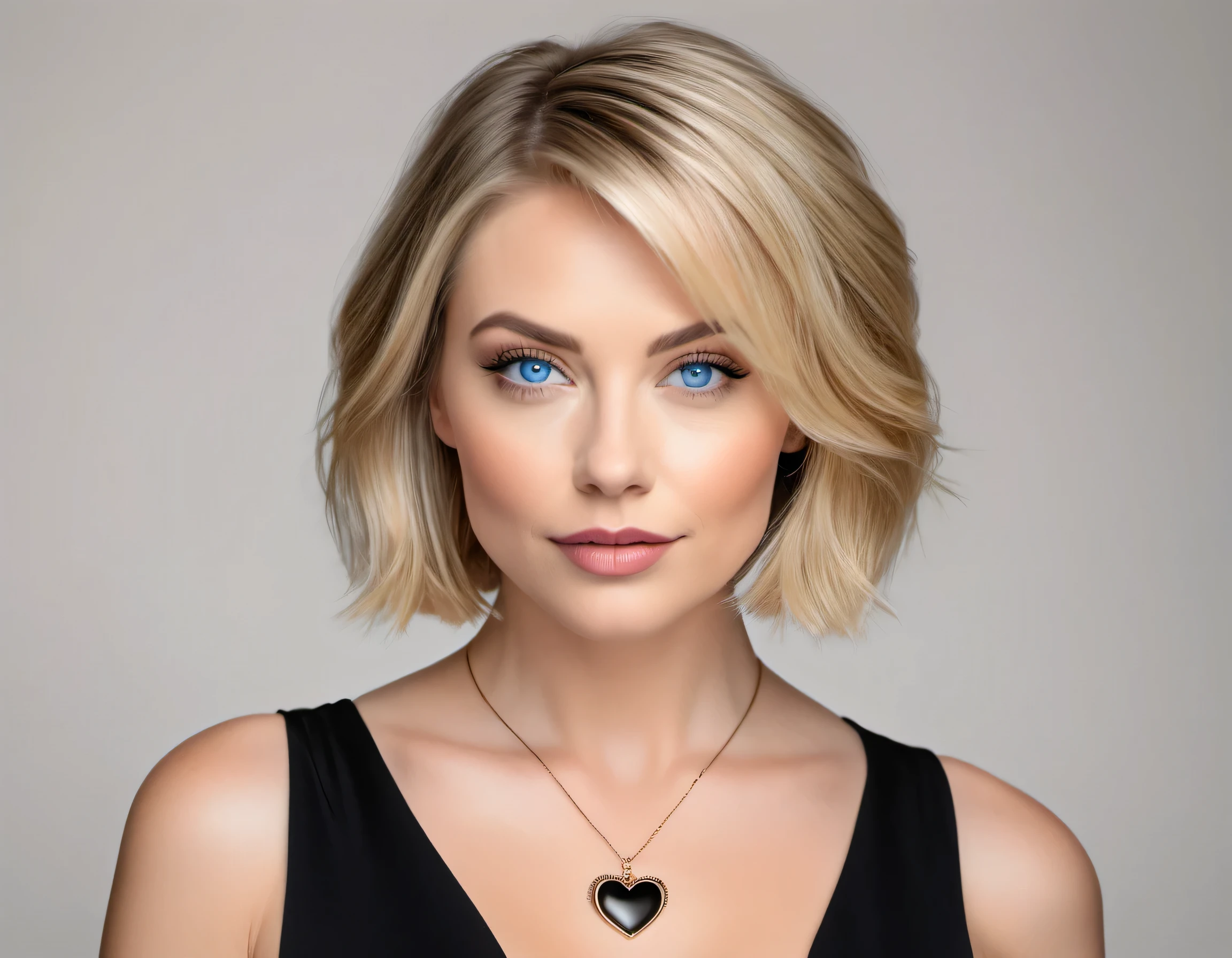 (Medium shot photo taken from the waist up: 1.2), a beautiful American woman, fair skin, blue eyes, Layered bob haircut ,blonde hair, heart-shaped face, cupid's bow lips, toned body, Big , wearing black shirt with cleavage, against white backdrop, studio portrait, 34 years old, captured in 4k realism, enhanced with dramatic studio lighting, ultra high definition drawing, Ultra detailed.