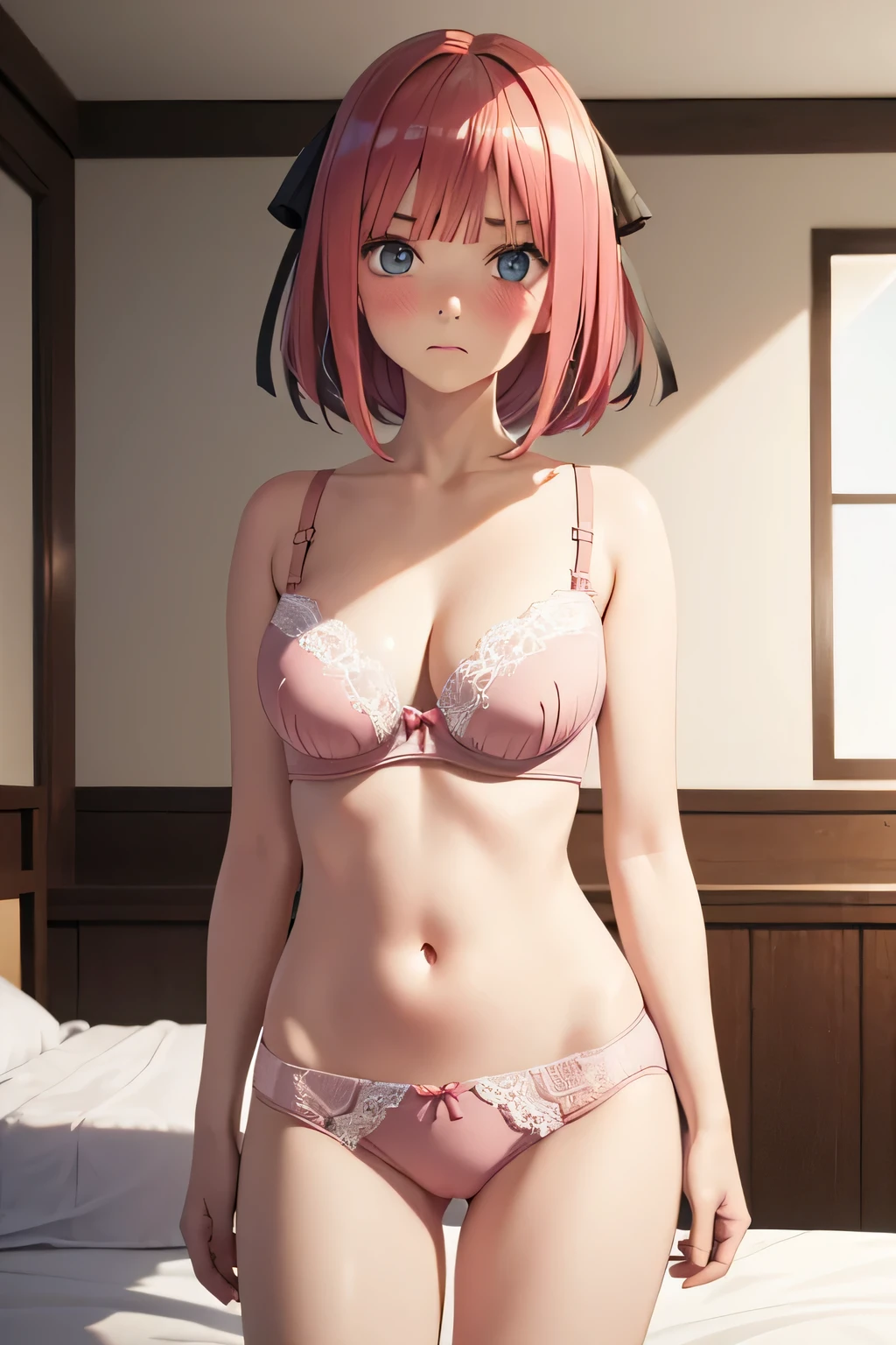 Mastepiece、masterpiece、highest quality、Super detailed、High resolution、8K Portrait、High definition CG of Unity 8k wallpaper、Cute little:1.5、Loli:1.5、Highly detailed CG Unity 8k wallpaper、Realistic、Real person、 Portrait Photography、Shiny skin、High definition、(:1.2)、(1 girl)、Beautiful clear eyes、extremely detailed description、Delicate face、Nice lips、Slim body、(thin waist)、Thin legs、(bed room:1.6)、1 Girl, Cute, Perfect Face, seriously, (blush:1.5),(Pink hair bob:1.3),(hair ornaments),(big breasts:1.3),((underwear:1.3)),(looking at view),(from front),(disapproval face:1.3),(Strike a Pose:1.2)