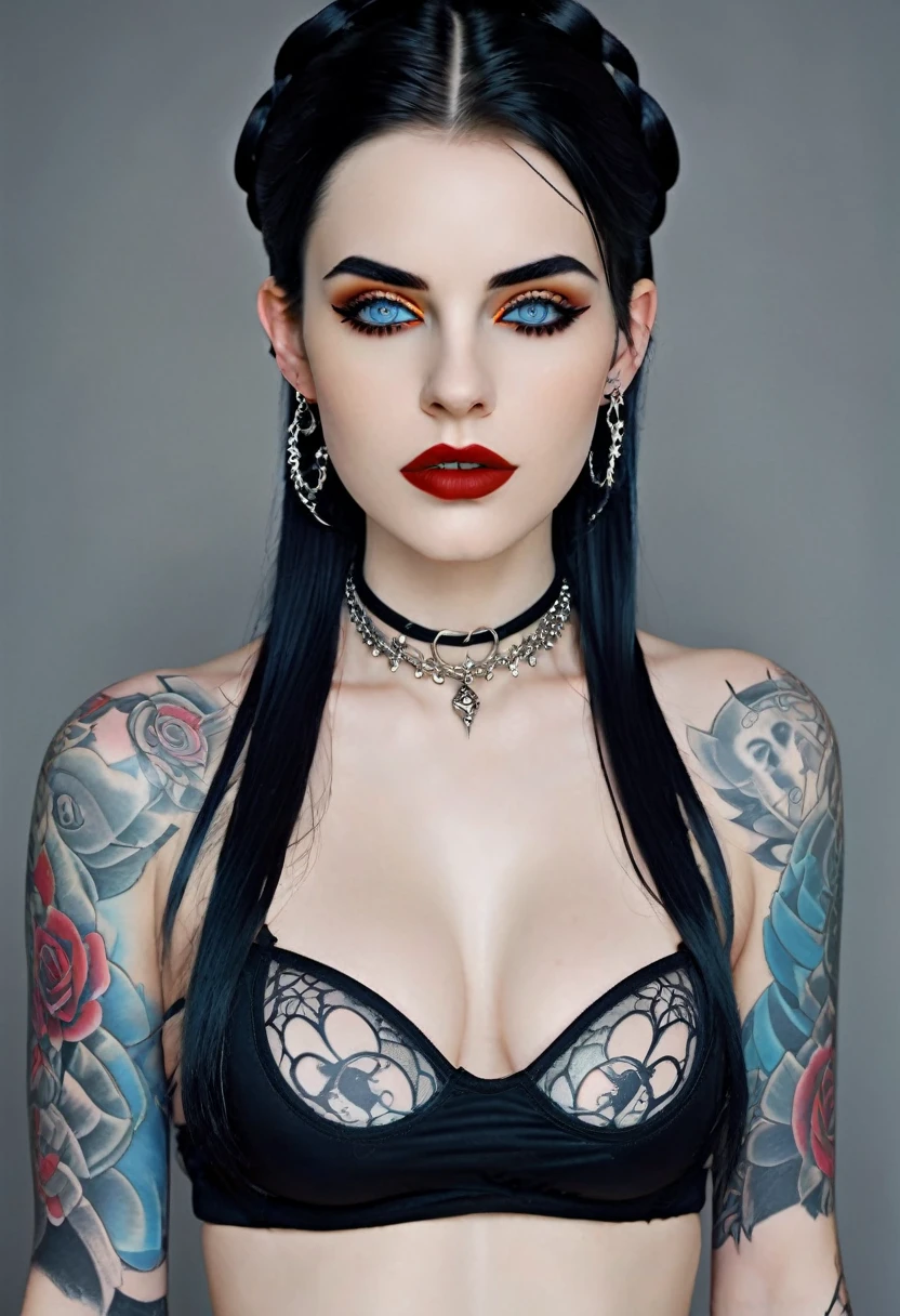 Hyper realistic photo perfect goth vampire, sexy seductive facial features, tattooed face, smooth snow white skin, thin curved black eyebrows. Black eyeliner, dark black eye shadow, neon blue eyes, crazy eyes, thick black lipstick, curved lips, extremely detailed long black wavy hair, vibrant red highlights, earrings, lip piercings, choker collar with chains, complete fullbody, larg voluptuous breast,detailed small perky nipples,  devil tattooed breast,devil tattooed Sternum underboob, devil tattooed stomach, slim waist, toned hips, toned thighs, devil tattooed back, devil tattooed hips, teenage vagina, perfect pussy, thick toned ass, devil tattooed vagina, devil tattooed ass, 