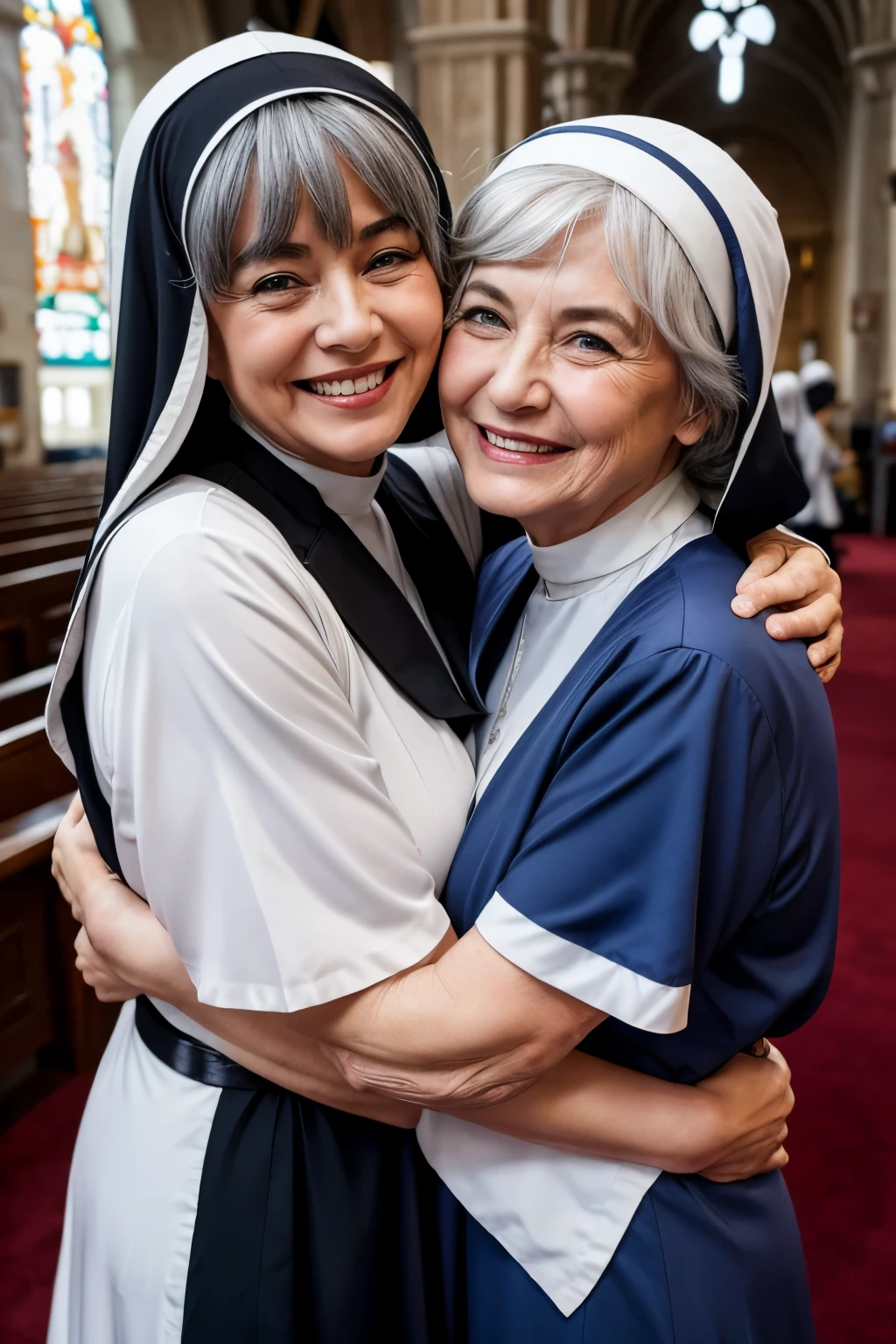 Two Italian Grannies、Grey Hair、With bangs、blue eyes、smile、Nuns、Wrinkled Big 、A plump body full of wrinkleonastic uniform、They are hugging each other、inside the church