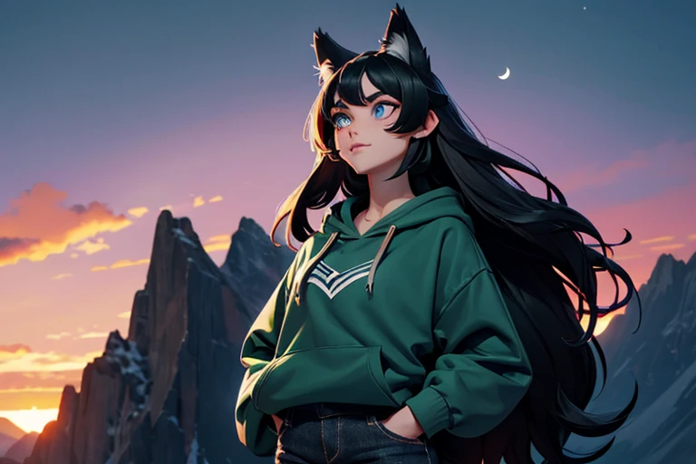 Female, black hair, dark green highlights, straight long hair, wolf ears, blue eyes, silver crescent moon necklace, green hoodie, black jeans, look of mountain, sunset