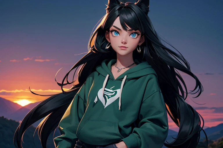 Female, black hair, dark green highlights, straight long hair, wolf ears, blue eyes, silver crescent moon necklace, green hoodie, black jeans, look of mountain, sunset