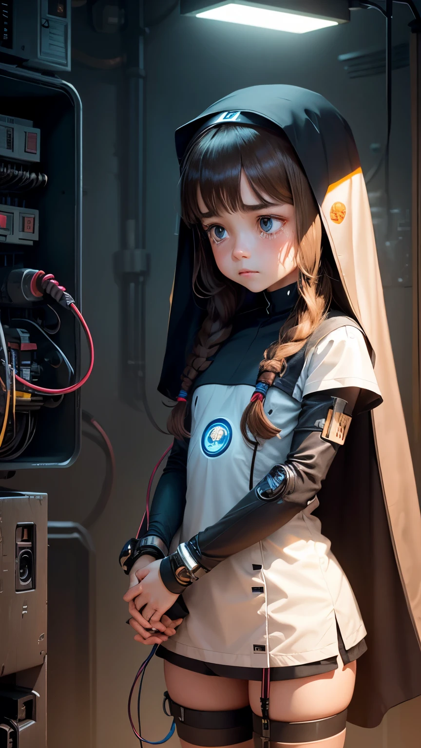 small  girl, long brown hair, sad crying face, half mechanical face mechanical jaw, cyborg arm, cyborg leg, body connected to machines, power wires, blue light , nun's , no bra , hands praying .