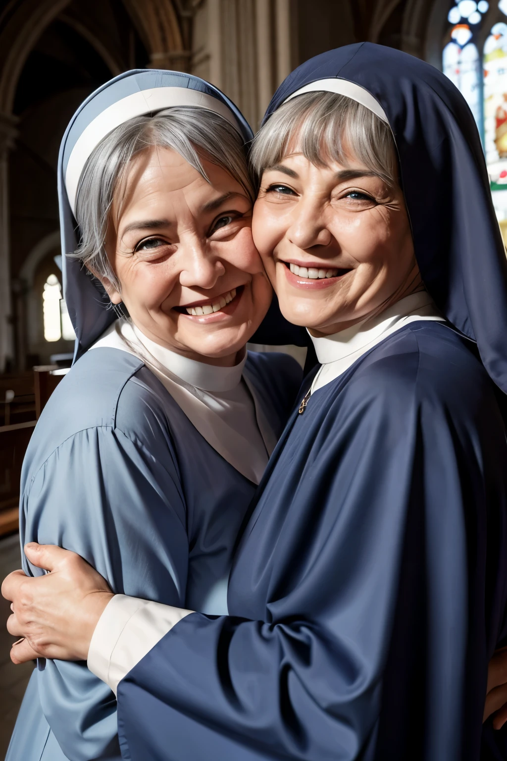 Two Italian Grannies、Grey Hair、With bangs、blue eyes、smile、Nuns、Wrinkled Big 、A plump body full of wrinkleonastic uniform、They are hugging each other、inside the church