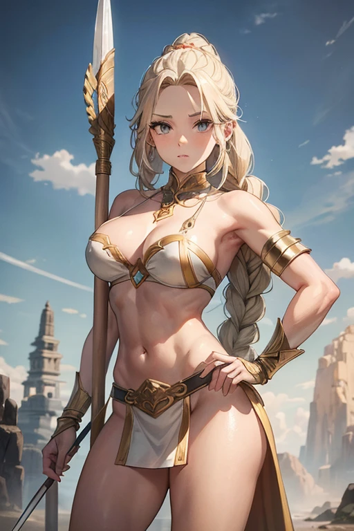 Beautiful amazon woman with a greyish blond thick plait braid hairstyle holding a spear, toned body, triangular face, standing tall