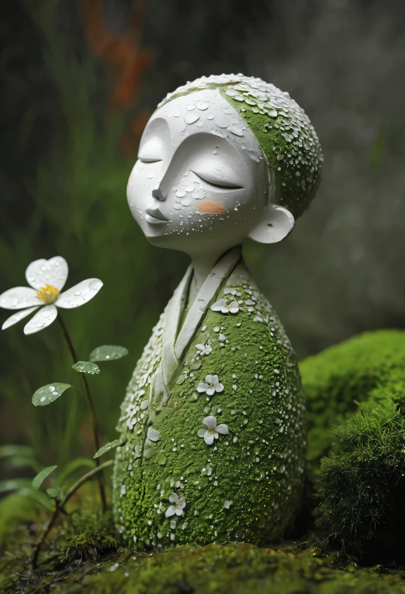 Abandoned clay sculpture，Minimalist Sculpture，3D， embrace yourself,  blush,Rough surface，Surface patterns and textures，Surface scratches，grainy，old，shattered。moss，rain，A small white flower