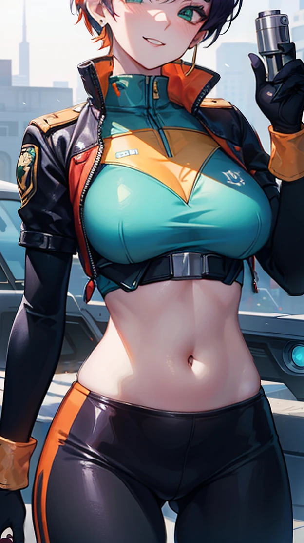 Gwen Tennyson,Tracer,Bulma,Rebecca Chambers,Overwatch,1 Girl,Sunlight,close up,Cyberpunk City,space ship,planet, The Mandalorian,military uniform,Bounty Hunter Gear,Green Long Sleeve Lycra Top,Military leggings,Long hair,silver earrings,Exposing belly,Holding a blaster, Gothic Makeup,Green Eyes,Orange Hair,purple hair highlights,Shy laugh, ,Large Breasts,beautiful girl,Large Breasts,Ultra Detailed,Practical,Fantasy Art,Exposing belly部,belly button,belly button眼,Exposing belly