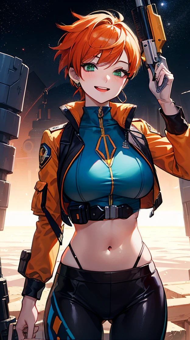 Gwen Tennyson,Tracer,Bulma,Rebecca Chambers,Overwatch,1 Girl,Sunlight,close up,Cyberpunk City,space ship,planet, The Mandalorian,military uniform,Bounty Hunter Gear,Green Long Sleeve Lycra Top,Military leggings,Long hair,silver earrings,Exposing belly,Holding a blaster, Gothic Makeup,Green Eyes,Orange Hair,purple hair highlights,Shy laugh, ,Large Breasts,beautiful girl,Large Breasts,Ultra Detailed,Practical,Fantasy Art,Exposing belly部,belly button,belly button眼,Exposing belly
