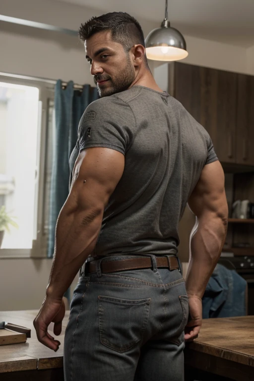 hombre musculoso salvaje, (40 year old daddy:1.1), 1 chico, Solo, (vistiendo una camisa a cuadros roja afuera), (camiseta gris por dentro), (hombros grandes), musculatura, rastrojos, barba corta, ojos bonitos:1.3, ), (cara detallada:1.3), Usando lentes, smiles, dynamic angle, volumetric lighting, (mejor calidad, A high resolution, fotorrealista), cinematic lighting, Obra maestra, foto cruda, detalles intrincados, hdr, cuerpo completo, Big muscular body, Big Bubble butt, jeans backside