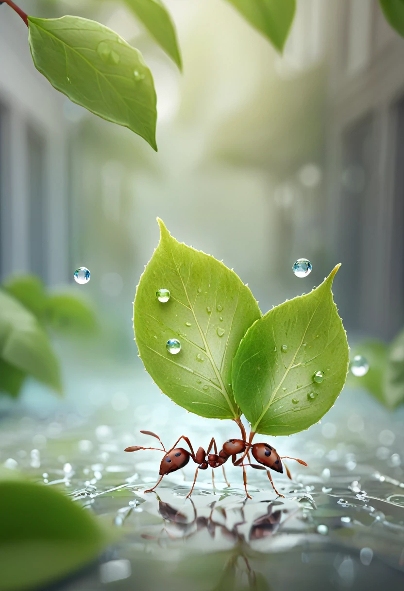 Full body photo of ants carrying leaves, dew drops, soFt raytrace, intricate details, crazy details, 8k, summer atmosphere, ultrarealistic hair, reFlections, F/11, 8k, cinematic, hyper realistic, hyper real textures, naturalistic shot , National Geographic Award Winner, 32k.