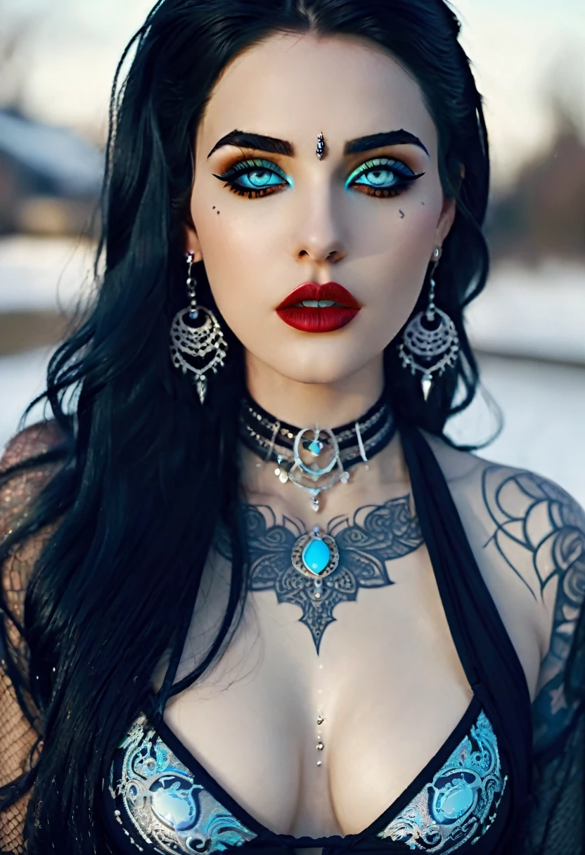 Hyper realistic photo perfect goth vampire, sexy seductive facial features, demonic tattooed face, smooth snow white skin, thin curved black eyebrows. Black eyeliner, dark black eye shadow, neon blue eyes, crazy eyes, thick black lipstick, curved lips, extremely detailed long black wavy hair, vibrant red highlights, earrings, lip piercings, choker collar with chains, complete fullbody, larg voluptuous breast,detailed small perky nipples, demonic tattooed breast,devil tattooed Sternum underboob, demonic tattooed stomach, slim waist, toned hips, toned thighs, demonic tattooed back, demonic tattooed hips, age vagina, perfect pussy, thick toned ass, demonic tattooed vagina, demonic tattooed ass,