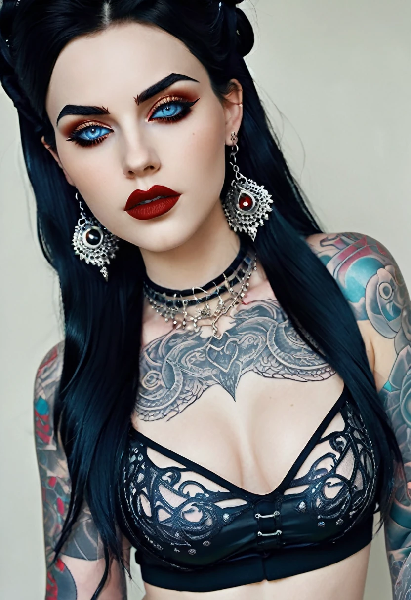 Hyper realistic photo perfect goth vampire, sexy seductive facial features, demonic tattooed face, smooth snow white skin, thin curved black eyebrows. Black eyeliner, dark black eye shadow, neon blue eyes, crazy eyes, thick black lipstick, curved lips, extremely detailed long black wavy hair, vibrant red highlights, earrings, lip piercings, choker collar with chains, complete fullbody, larg voluptuous breast,detailed small perky nipples, demonic tattooed breast,devil tattooed Sternum underboob, demonic tattooed stomach, slim waist, toned hips, toned thighs, demonic tattooed back, demonic tattooed hips, age vagina, perfect pussy, thick toned ass, demonic tattooed vagina, demonic tattooed ass, 