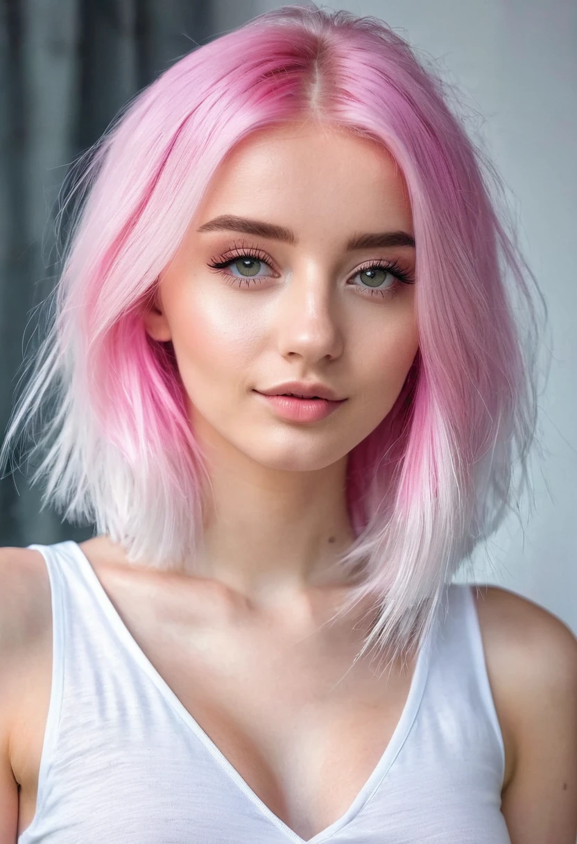 stand back, poland influencer girl, ideal face, pink-white hair, far from the camera, young 21y, nice body, middle height
