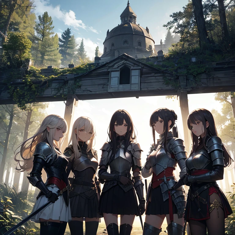 A group of female knights, (in forest), various hair styles, harem, wearing armored clothes, metal armor, night, details face, short skirt, seducing, sword,