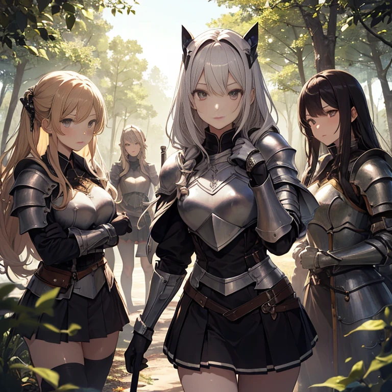 A group of  female knights, (in forest), various hair styles, harem, wearing armored clothes, metal armor, night, details face, short skirt, seducing, sword,
