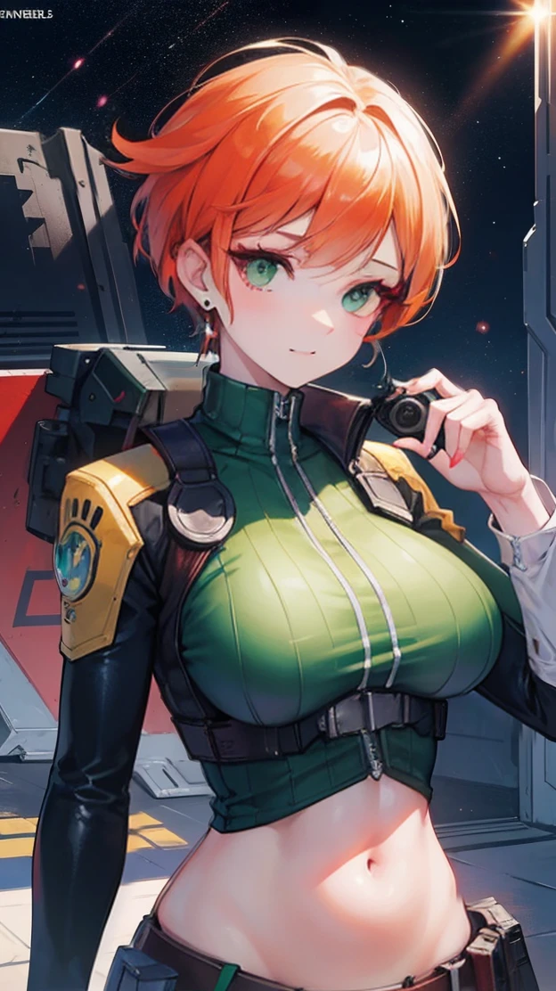Gwen Tennyson,Tracer,Bulma,Rebecca Chambers,Overwatch,1 Girl,Sunlight,close up,Cyberpunk City,space ship,planet, The Mandalorian,military uniform,Bounty Hunter Gear,Green Long Sleeve Lycra Top,Military leggings,Long hair,silver earrings,Exposing belly,Holding a blaster, Gothic Makeup,Green Eyes,Orange Hair,purple hair highlights,Shy laugh, ,Large Breasts,beautiful girl,Large Breasts,Ultra Detailed,Practical,Fantasy Art，Exposing belly部，belly button，belly button眼，Exposing belly