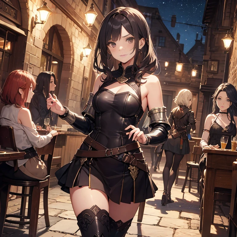 A group of female medieval fantasy adventurers, (in tavern), various hair styles, harem, night, details face, short skirt, seducing, sleeveless, armor