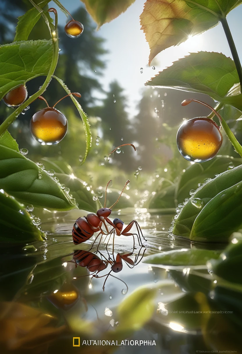 Full body photo of ants carrying leaves, dew drops, soFt raytrace, intricate details, crazy details, 8k, summer atmosphere, ultrarealistic hair, reFlections, F/11, 8k, cinematic, hyper realistic, hyper real textures, naturalistic shot , National Geographic Award Winner, 32k.