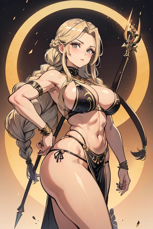 Beautiful milf amazon woman with a greyish blond thick plait braid hairstyle holding a spear, toned body, triangle face, standing tall