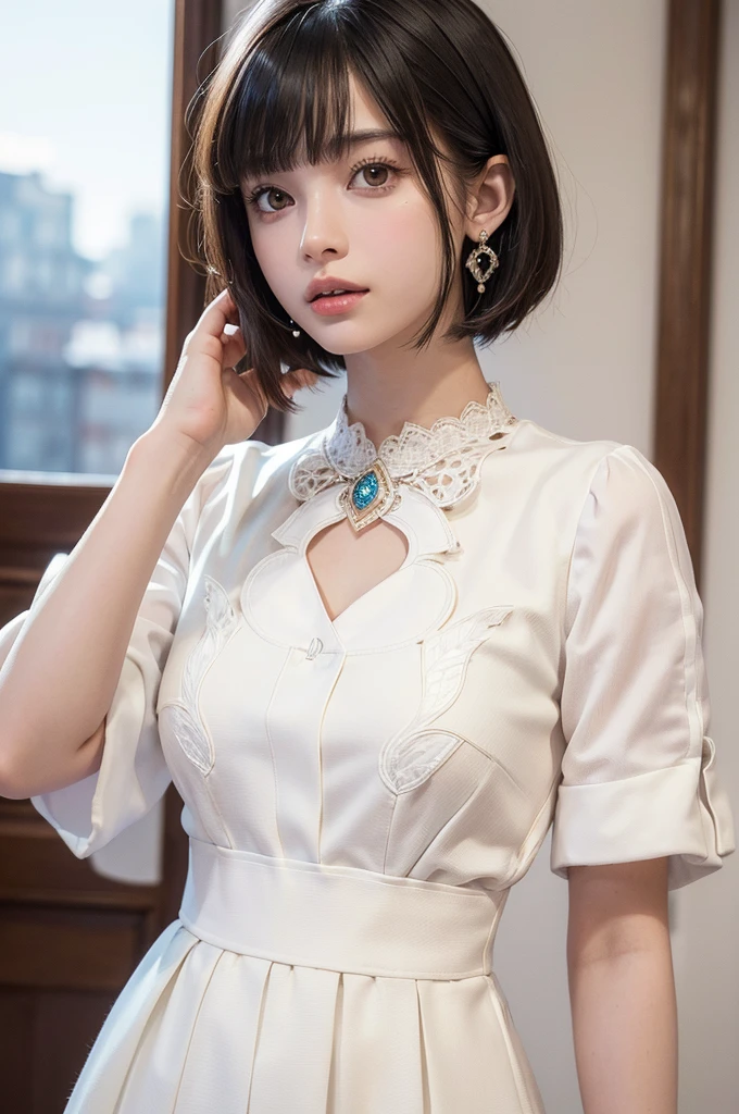 (8k, RAW photos, top quality, masterpiece: 1.2), ultra detailed, super resolution, (real, real photos: 1.37), portraits, high definition RAW color photos, professional photos, very detailed and beautiful, highly detailed, 8k wallpapers, amazing details, huge file size, official art, highly detailed CG Unity 8k wallpapers, highly detailed beautiful girls, highly detailed faces, Highly Detailed Eyes, Highly Detailed Skin, Highly Detailed Fingers, Very Detailed Nose, Highly Detailed Detailed Mouth, Perfect Anatomy, Detailed Background, Detailed Clothes, One Girl, (20:1.2), 20s, Cute Girl, Realistic Body, , White Skin, Radiant Skin, Slim Body, Black Hair, Short Hair, (Blunt Bangs: 1.2), Cute, Youthful, Pretty Face, Realistic Face, Delicate Eyes, Sale Eyes, ( (Fashionable winter clothes)), ((Up)), ((((Short hair)))), Earrings, Looking at the camera, Cowboy shot, Facing Front, Standing Posture, Contrapposto, Dynamic Lighting, C Cup Breasts,