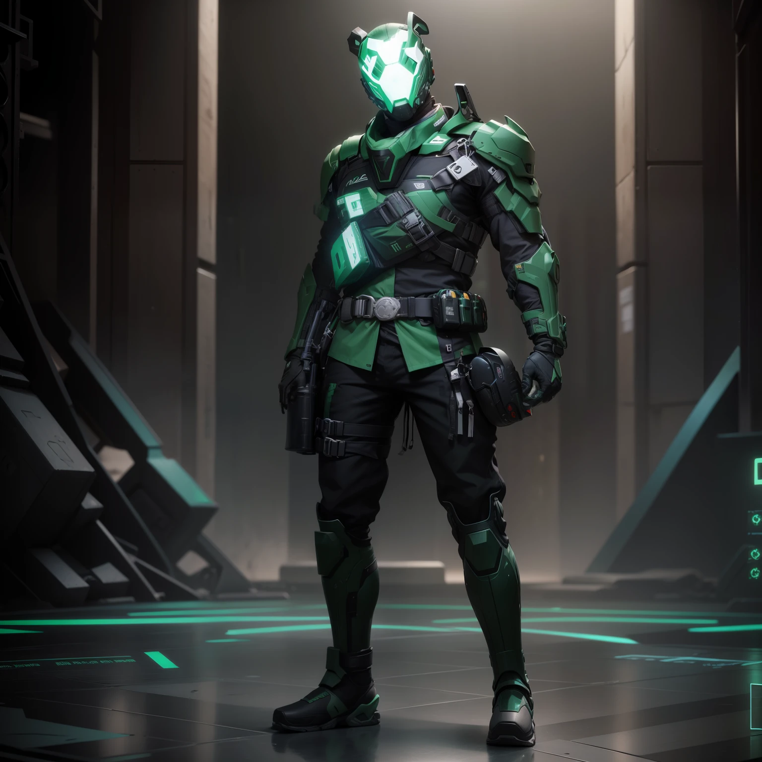 create an absolutely identical model from the source keep the green color keep the black color keep the gray color do not change the details of the mask on the face do not change the head details do not change the face details keep the eye shape of the mask keep the white inserts keep the metal inserts do not change the white colors do not change the white inserts do not change the green ones colors do not change green inserts do not change the face mask do not change the head mask save the guide strictly strictly do not change the mask full copy detailed detailed colors redrawing from the source save the teddy bear toy on the belt