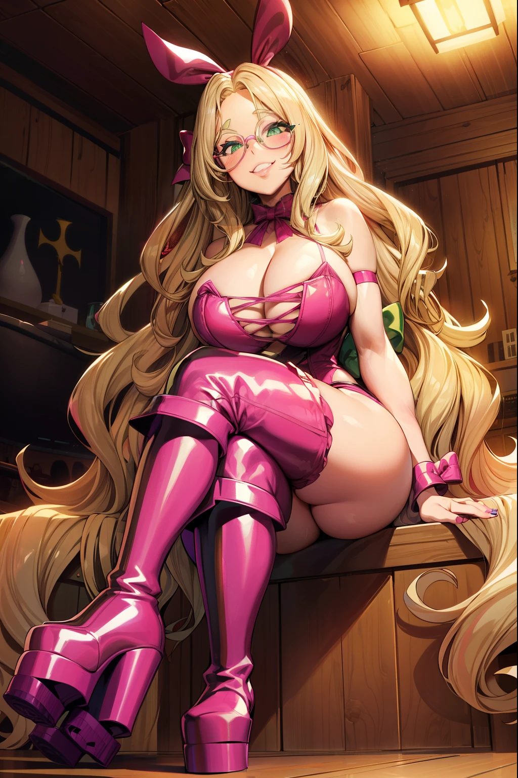 Long wavy blonde hair, green eyes, glasses, pink bow, massive , big ass, juicy lips, big lips, droopy purple eyes, massive lashes,smiling, ((platform boots)) sitting down, from below, sitting cross legged, foot on screen, facing forward