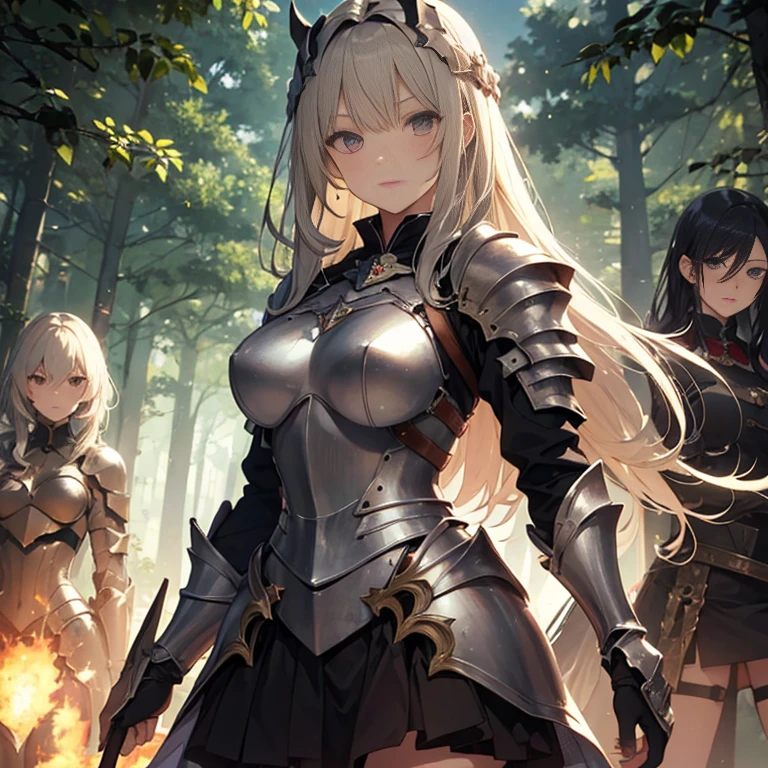 A group of female knights, (in forest), various hair styles, harem, wearing armored clothes, metal armor, night, details face, short skirt, seducing, sword,
