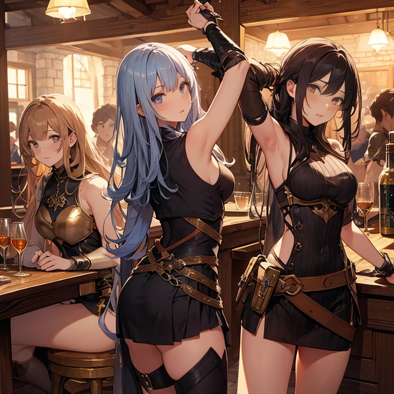 A group of female medieval fantasy adventurers, (in tavern), various hair styles, harem, night, details face, short skirt, seducing, sleeveless, armor