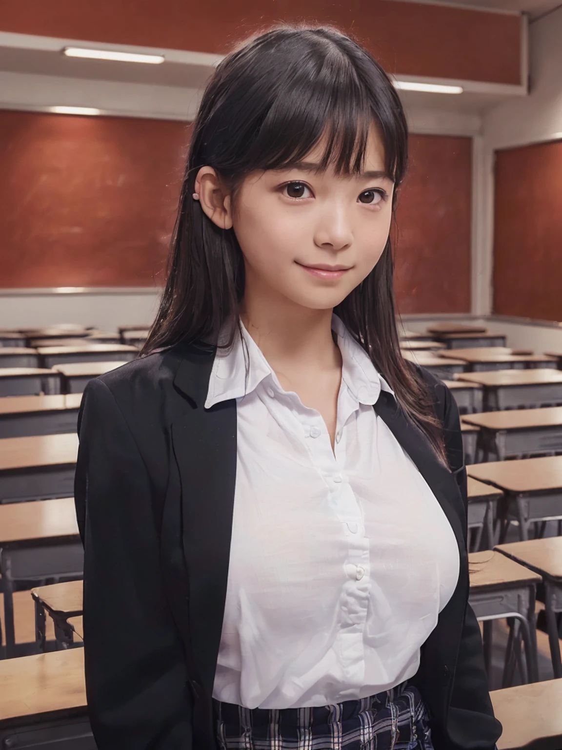 (8K,RAW Photos,highest quality,masterpiece:1.5),(Watching the audience:1.5),smile,Black Hair,(live-action:1.5),(Realistic expression:1.5),(middle School girls:1.5),(School uniform:1.5),(The background is an empty classroom:1.5),(Young face:1.4),(Medium breast:1.5)