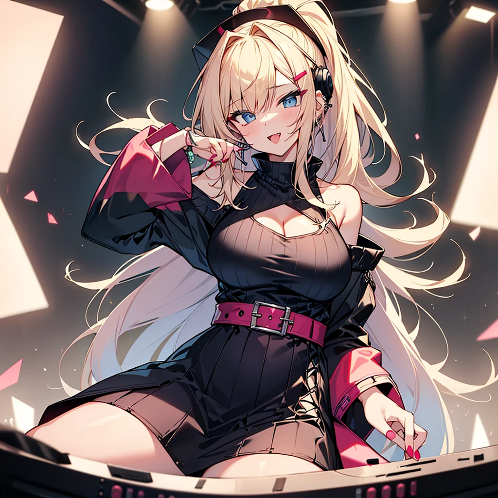 highest quality、masterpiece、4K、Blonde、Long ponytail、Slanted Eyes、blue eyes、Thick eyeliner、Gal、pink off shoulder clothes、Clothes that are large in size、Cleavage、Have many ear piercings、bracelet、Lots of accessories、Headphones、Pink lipstick、big breasts、short black skirt、Knee-high boots、A girl playing DJ、neon、Mouth open and tongue out、red nails、Nightclub