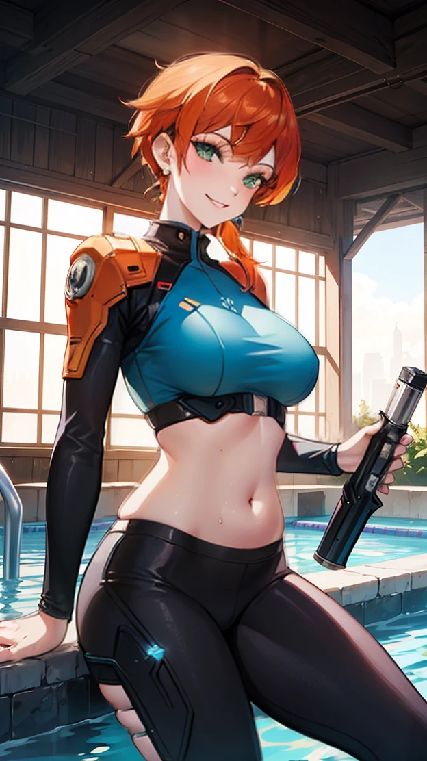 Gwen Tennyson,Tracer,Bulma,Rebecca Chambers,Overwatch,1 Girl,Sunlight,close up,Cyberpunk City,space ship,planet, The Mandalorian,military uniform,Bounty Hunter Gear,Green Long Sleeve Lycra Top,Military leggings,Long hair,silver earrings,Exposing belly,Holding a blaster, Gothic Makeup,Green Eyes,Orange Hair,purple hair highlights,Shy laugh, ,Large Breasts,beautiful girl,Large Breasts,Ultra Detailed,Practical,Fantasy Art,Exposing belly部,belly button,belly button眼,Exposing belly,Thong,Bare legs,Pool-Long Legs,Meat Leg