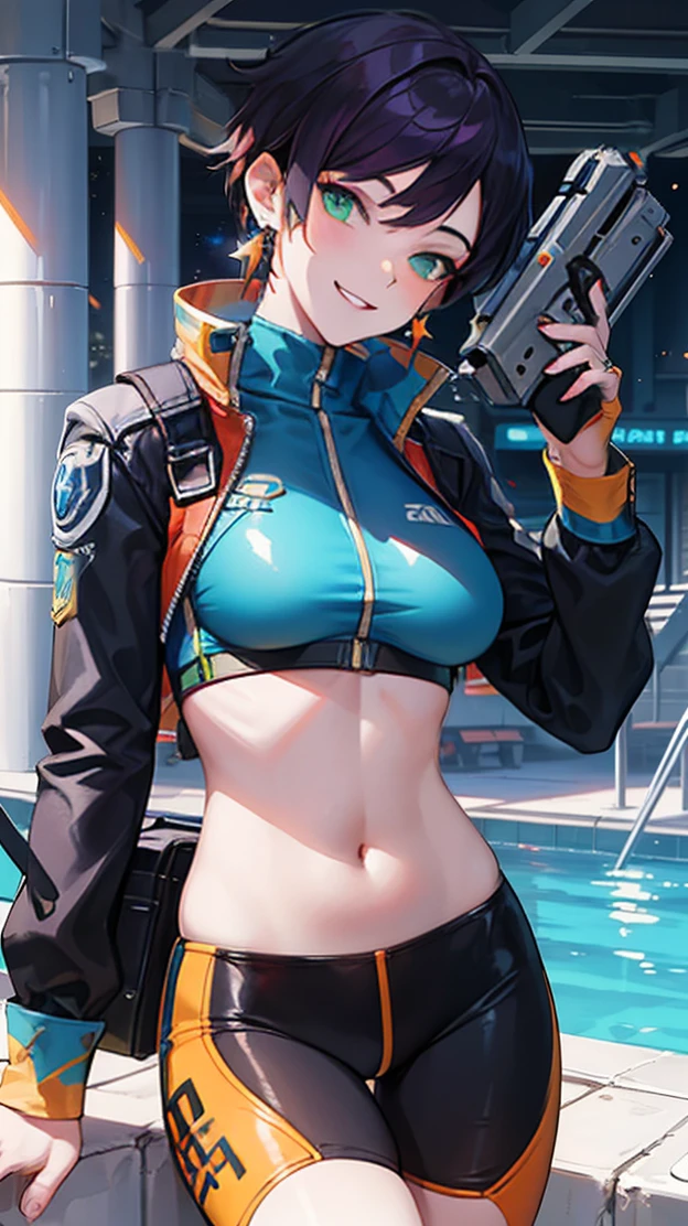 Gwen Tennyson,Tracer,Bulma,Rebecca Chambers,Overwatch,1 Girl,Sunlight,close up,Cyberpunk City,space ship,planet, The Mandalorian,military uniform,Bounty Hunter Gear,Green Long Sleeve Lycra Top,Military leggings,Long hair,silver earrings,Exposing belly,Holding a blaster, Gothic Makeup,Green Eyes,Orange Hair,purple hair highlights,Shy laugh, ,Large Breasts,beautiful girl,Large Breasts,Ultra Detailed,Practical,Fantasy Art，Exposing belly部，belly button，belly button眼，Exposing belly，Thong，Bare legs，Pool-Long Legs，Meat Leg