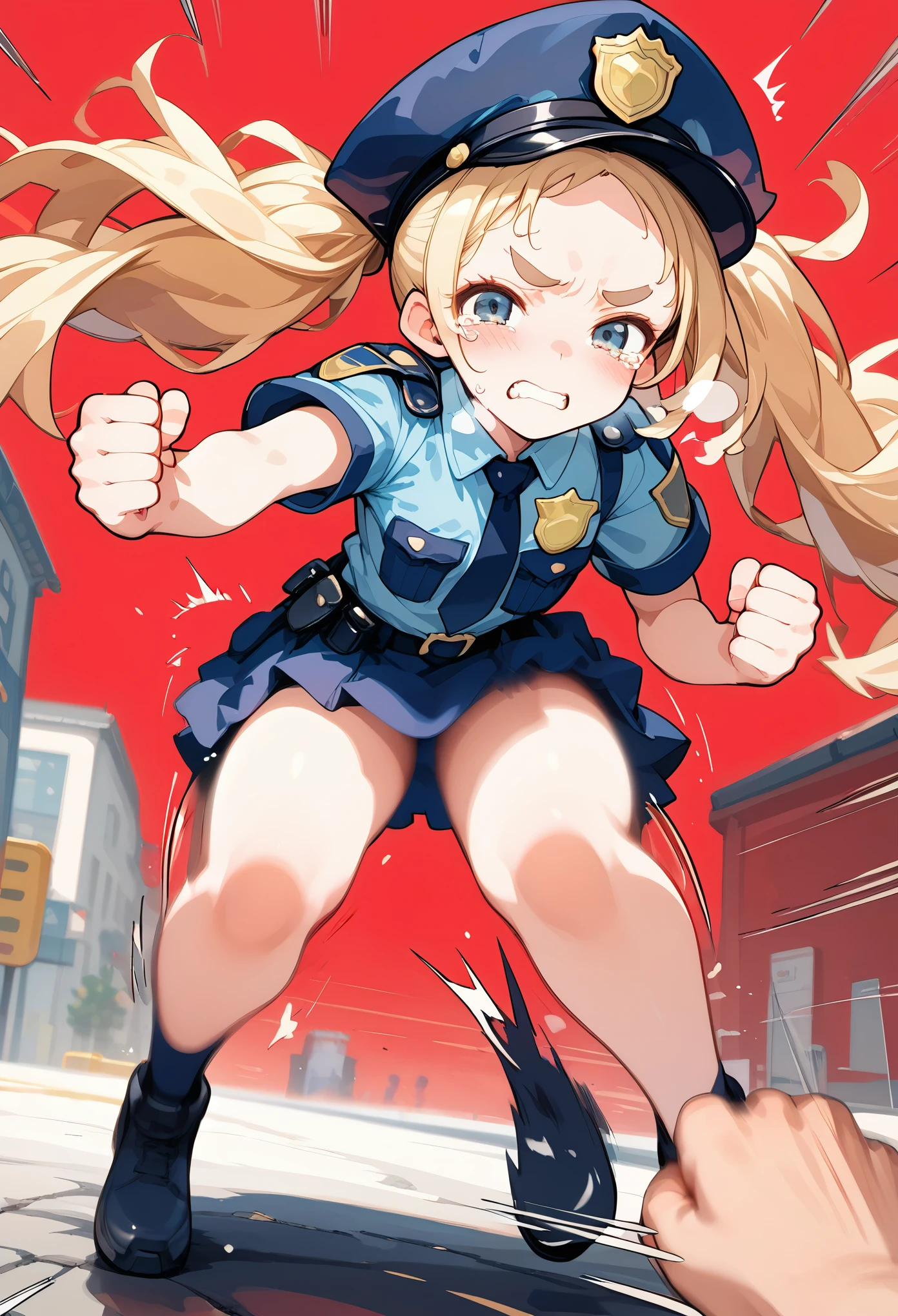 score_10,score_9, score_8_up,score_7_up,(fisheye),pov,a ite slim lolpolice girl is punching at me,(((motion blur,motion lines,emphasis lines, speed lines))), outstretched arm, incoming punch,clenched hands,floating long twintails, bousou, heavy breathing, breath,clenched teeth, eye trail, red background,blush,tears,( police uniform,tilted headwear), blonde hair,skirt,looking at viewer,forked eyebrows, full body,street,city,