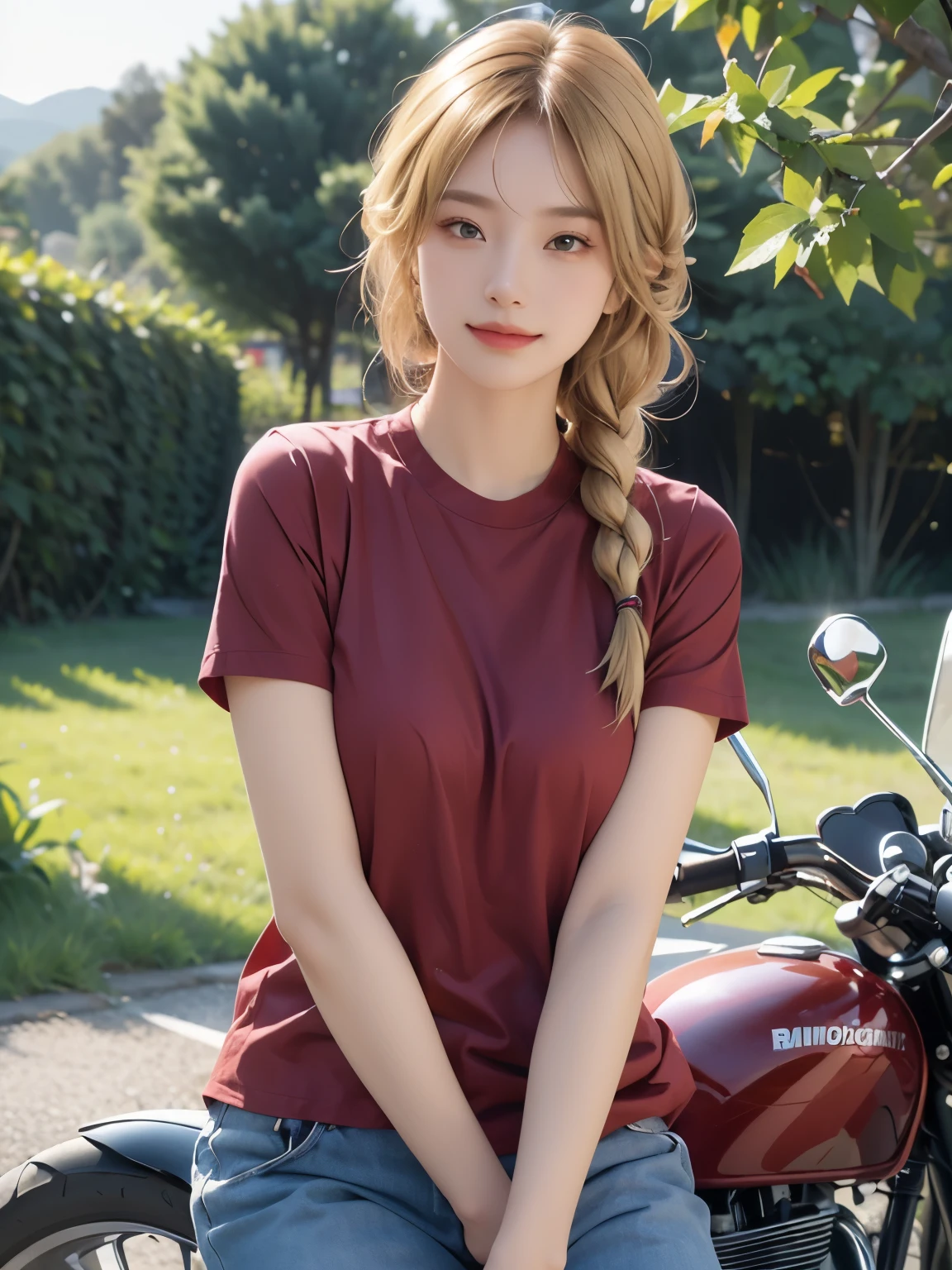 (masterpiece:1.3), (8k, Realistic, RAW Photos, highest quality:1.4), (Realistic face), (Blonde, Braided hair:1.3), Beautiful hairstyle, Realistic eyes, Beautiful small blue eyes, (Realistic skin), (Beautiful Skin), (((Riding a motorcycle outdoors))), charm, Ultra-high resolution, Surreal, Golden Ratio, Long limbs、((smile)), ((full body shot)), ((((Wine red short sleeve shirt))))、((Jeans and sneakers))