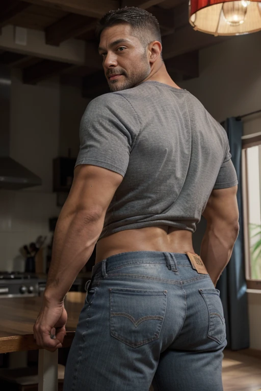 hombre musculoso salvaje, (40 year old daddy:1.1), 1 chico, Solo, (vistiendo una camisa a cuadros roja afuera), (camiseta gris por dentro), (hombros grandes), musculatura, rastrojos, barba corta, ojos bonitos:1.3, ), (cara detallada:1.3), smiles, dynamic angle, volumetric lighting, (mejor calidad, A high resolution, fotorrealista), cinematic lighting, Obra maestra, foto cruda, detalles intrincados, hdr, cuerpo completo, Big muscular body, Big Bubble butt, jeans  backside 