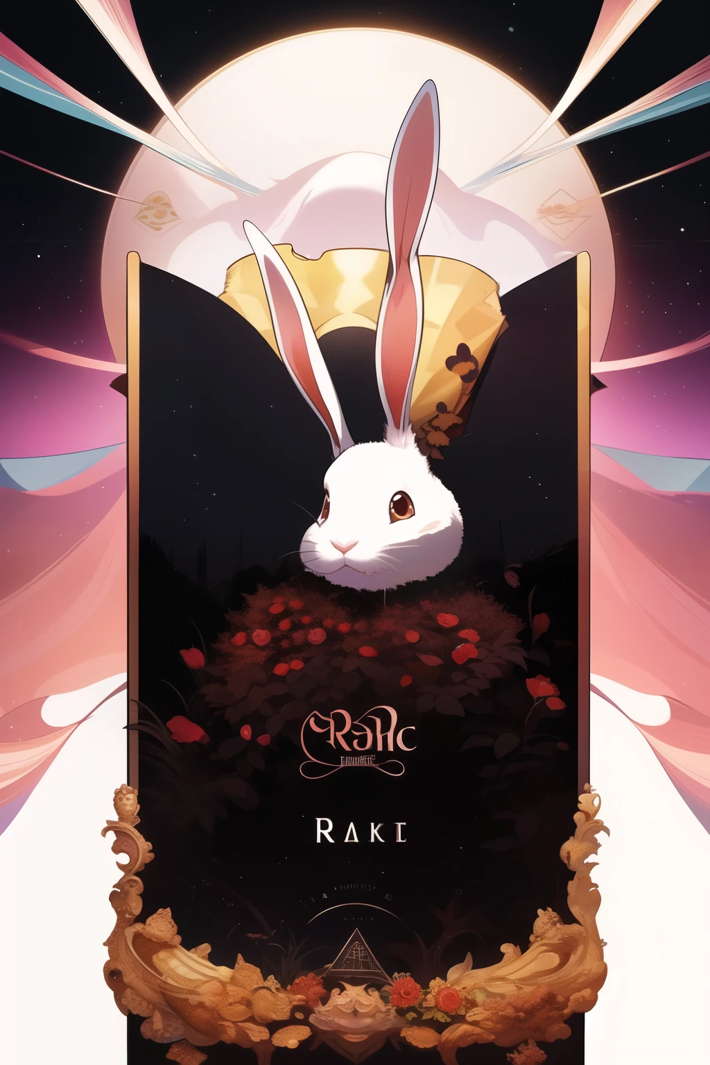 Music album cover with white rabbit head elements，No text or characters，Dark Style，With the name Max