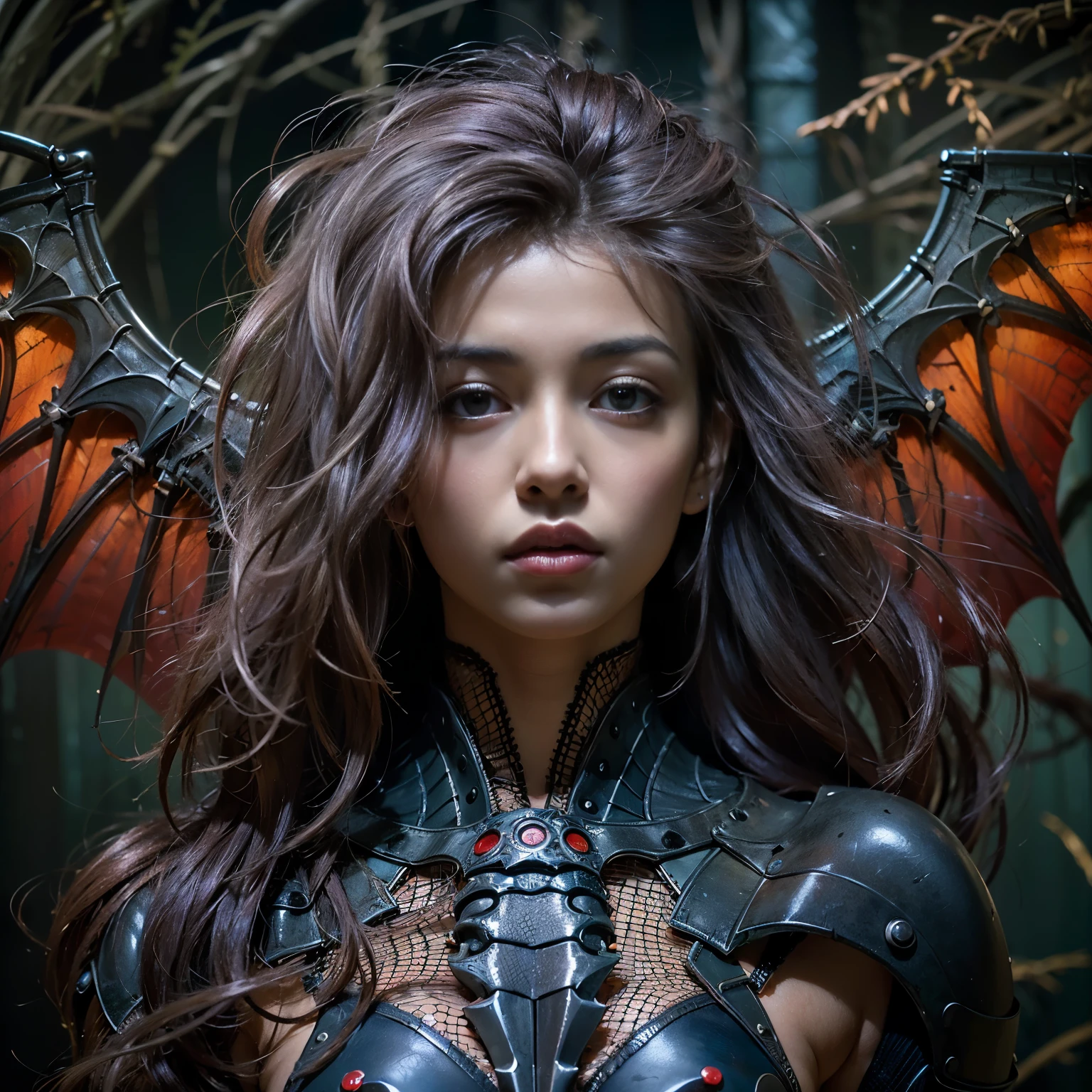 (highest quality,Very detailed,Realistic,masterpiece:1.2),Girl with beautiful eyes and lips on upper body, Lower spider body, Bat Wings, Partly mechanical, , Vibrant colors, Detailed depiction of a girl&#39;s hair blowing in the wind, Realistic textures on the spider body, Surreal lighting highlights mechanical parts, Spooky atmosphere, dark and mysterious background