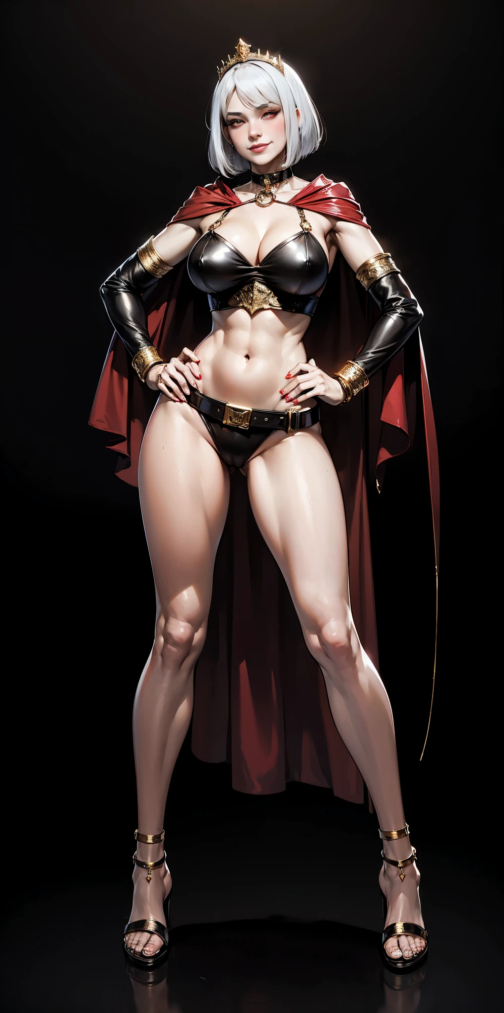 ((BLACK BACKGROUND,1:2, masterpiece)), full body MILF BIMBO standing with two long thighs and two high heels, red eyes, silver white hair, short bob style hair, big breasts, cleavage, separate sleeves, tiara royal, long cape up to two feet, yellow bikini, hands on waist, navel, lustful smirking smiling, smile face (red blushed, red cheeks), metal shoulders, gold sleeveless armbands, black leather choker slave collar, shackle bracelets, slave red crest, full body MILF BIMBO standing with two long thighs and two metal sandals, red eyes, silver white hair, short bob style hair, big breasts, cleavage, separate sleeves, tiara royal, long cape up to two feet, yellow bikini, tiger bikini stripes, hands on waist, navel, lustful smirking smiling, smile face (red blushed, red cheeks), metal shoulders, gold sleeveless armbands, black leather choker slave collar, shackle bracelets, slave red crest, pauldrons, breastplate, corset, eye focus, full body, whole body 1solo slave fighter, loincloth standing, hands on hips, metal sandals, backpack, choker, big belt around waist, view from below, feet together, bracers, tiara)