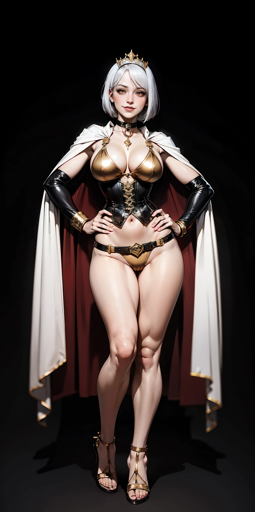 ((BLACK BACKGROUND,1:2, masterpiece)), full body MILF BIMBO standing with two long thighs and two high heels, red eyes, silver white hair, short bob style hair, big breasts, cleavage, separate sleeves, tiara royal, long cape up to two feet, yellow bikini, hands on waist, navel, lustful smirking smiling, smile face (red blushed, red cheeks), metal shoulders, gold sleeveless armbands, black leather choker slave collar, shackle bracelets, slave red crest, full body MILF BIMBO standing with two long thighs and two metal sandals, red eyes, silver white hair, short bob style hair, big breasts, cleavage, separate sleeves, tiara royal, long cape up to two feet, yellow bikini, tiger bikini stripes, hands on waist, navel, lustful smirking smiling, smile face (red blushed, red cheeks), metal shoulders, gold sleeveless armbands, black leather choker slave collar, shackle bracelets, slave red crest, pauldrons, breastplate, corset, eye focus, full body, whole body 1solo slave fighter, loincloth standing, hands on hips, metal sandals, backpack, choker, big belt around waist, view from below, feet together, bracers, tiara)