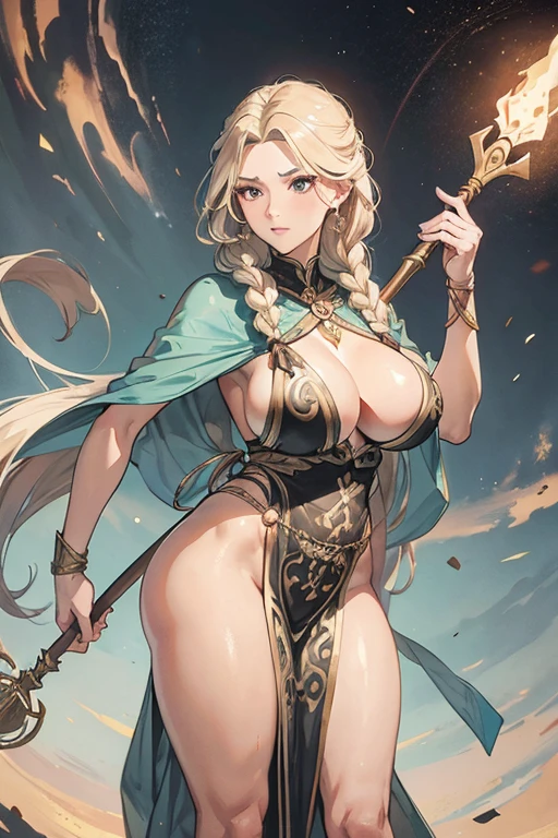 Beautiful milf amazon woman with a greyish blond thick plait braid hairstyle holding a spear, toned body, triangle face, pronounced cheekbones, standing tall