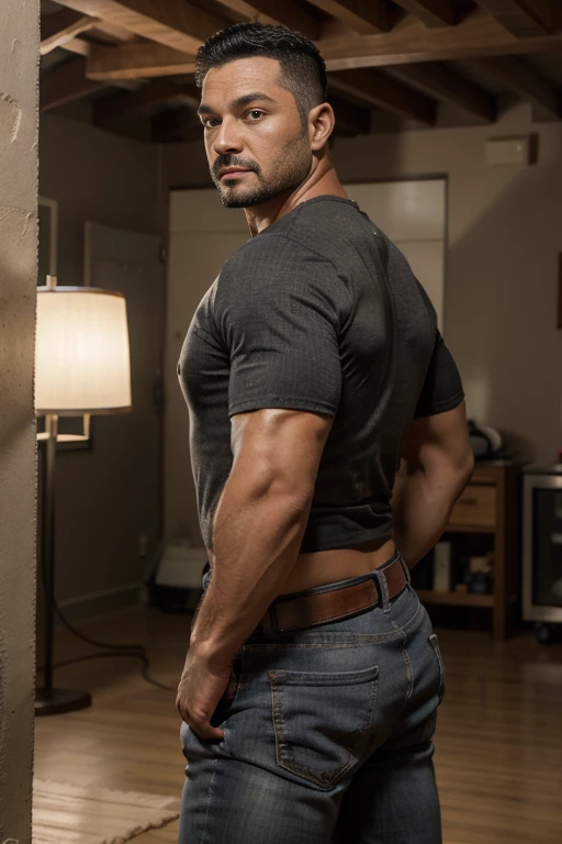 hombre musculoso salvaje, (40 year old daddy:1.1), 1 chico, Solo, (vistiendo una camisa a cuadros roja afuera), (camiseta gris por dentro), (hombros grandes), musculatura, rastrojos, barba corta, ojos bonitos:1.3, ), (cara detallada:1.3), smiles, dynamic angle, volumetric lighting, (mejor calidad, A high resolution, fotorrealista), cinematic lighting, Obra maestra, foto cruda, detalles intrincados, hdr, cuerpo completo, Big muscular body, Big Bubble butt, jeans front view