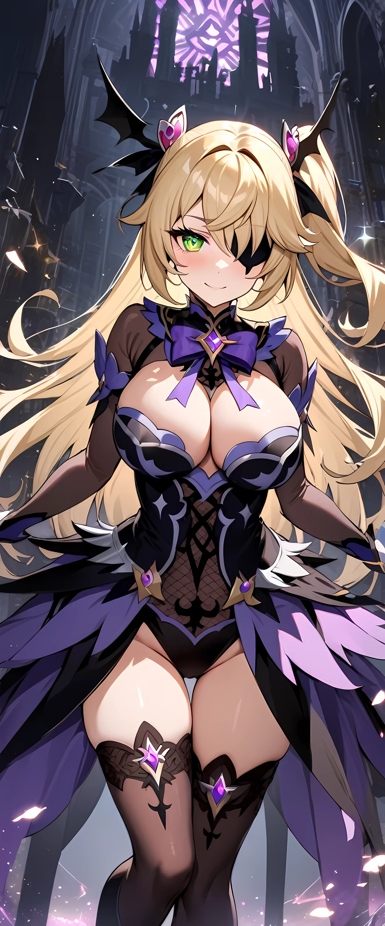 (masterpiece), best quality, expressive eyes, perfect face,fischl_(genshin impact),(magical girl costume:1.5),raven wings,(big breasts),(sparkles:0.9),(glitters:0.9),glowing blonde hair,dark castle,thighhigh heel boots,middle hair,side ponytail,cleavage,looking at viewer,light smile, eyeshadows,earpatch,eye liner,glistening eyes, hyper detailed eyes, intricate eyes, beautiful eye, glowing green eyes、standing,head tilt,sexy pose,smiles,(female focus),flying towards viewer,holding weapon,black bow