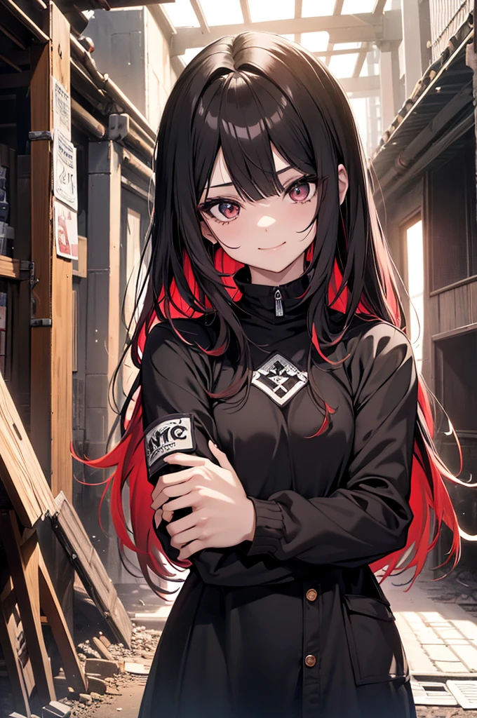 (((super detallado))), 1chica, vestimenta emo, manga larga rojo y negro de rayas, ropa un poco destrozada, rostro maliciosa, mirada dominante, cabello corto, sonrisa linda, fondo de habitacion medio oscuro. cuerpo plano, ojos brillantes.
