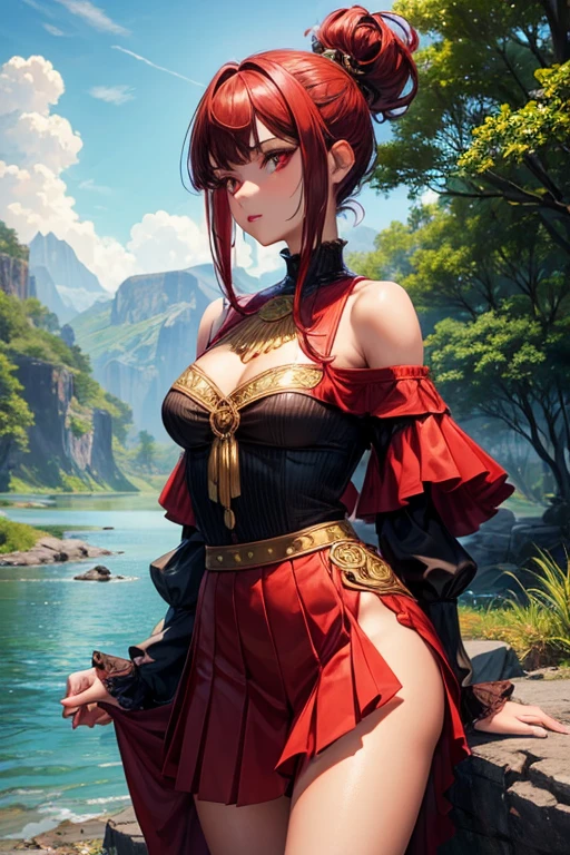 beautiful young girl,18 year old girl, fair brown skin, blue off shoulder ruffle trim blouse, leather red pleated knee-length skirt, dark vermillion red hair, cherry red plump lips, blood red eyes, African looks, athletic body, small breasts, toned body, slim waist, short height, sleek hair tied in a messy bun, small fringe bangs, wide hips, phoenix eyes, small nose, symmetrical face, river forestry background, :0.85, detailed, 16k, sf, intricate artwork masterpiece, golden ratio, intricate, epic, highly detailed, vibrant, ultra high quality model:1,