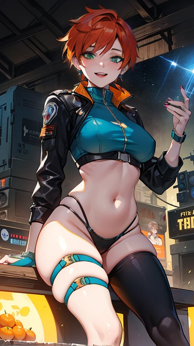 Gwen Tennyson,Tracer,Bulma,Rebecca Chambers,Overwatch,1 Girl,Sunlight,close up,Cyberpunk City,space ship,planet, The Mandalorian,military uniform,Bounty Hunter Gear,Green Long Sleeve Lycra Top,Long hair,silver earrings,Exposing belly,Holding a blaster, Gothic Makeup,Green Eyes,Orange Hair,purple hair highlights,Shy laugh, ,Large Breasts,beautiful girl,Large Breasts,Ultra Detailed,Practical,Fantasy Art,Exposing belly部,belly button,belly button眼,Exposing belly,Thong,Bare legs,Long legs,Meat Leg