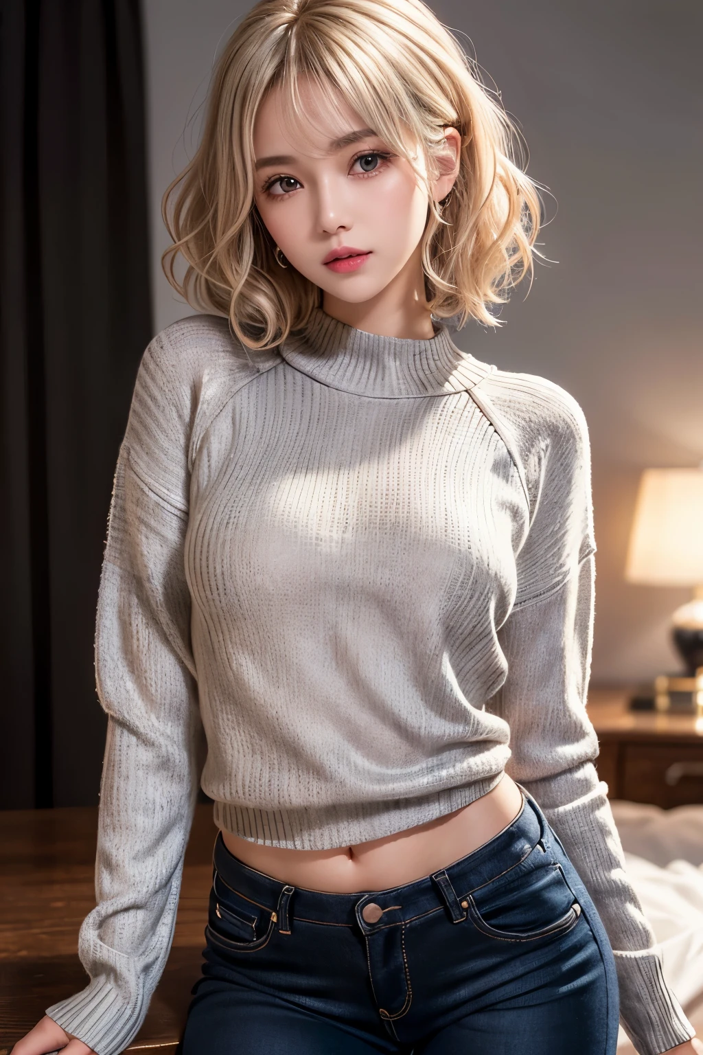 1 girl, solo, cute, looking at viewer, beautiful body, blush, (silver blonde short curly wavy hair), (small breast), (sweater top), (tight black jeans), very life-like eyes, beautiful environment, highly detailed, masterpiece, best quality, highest quality, high resolution, (masterpiece:1.2), realistic lighting, incredible lighting
