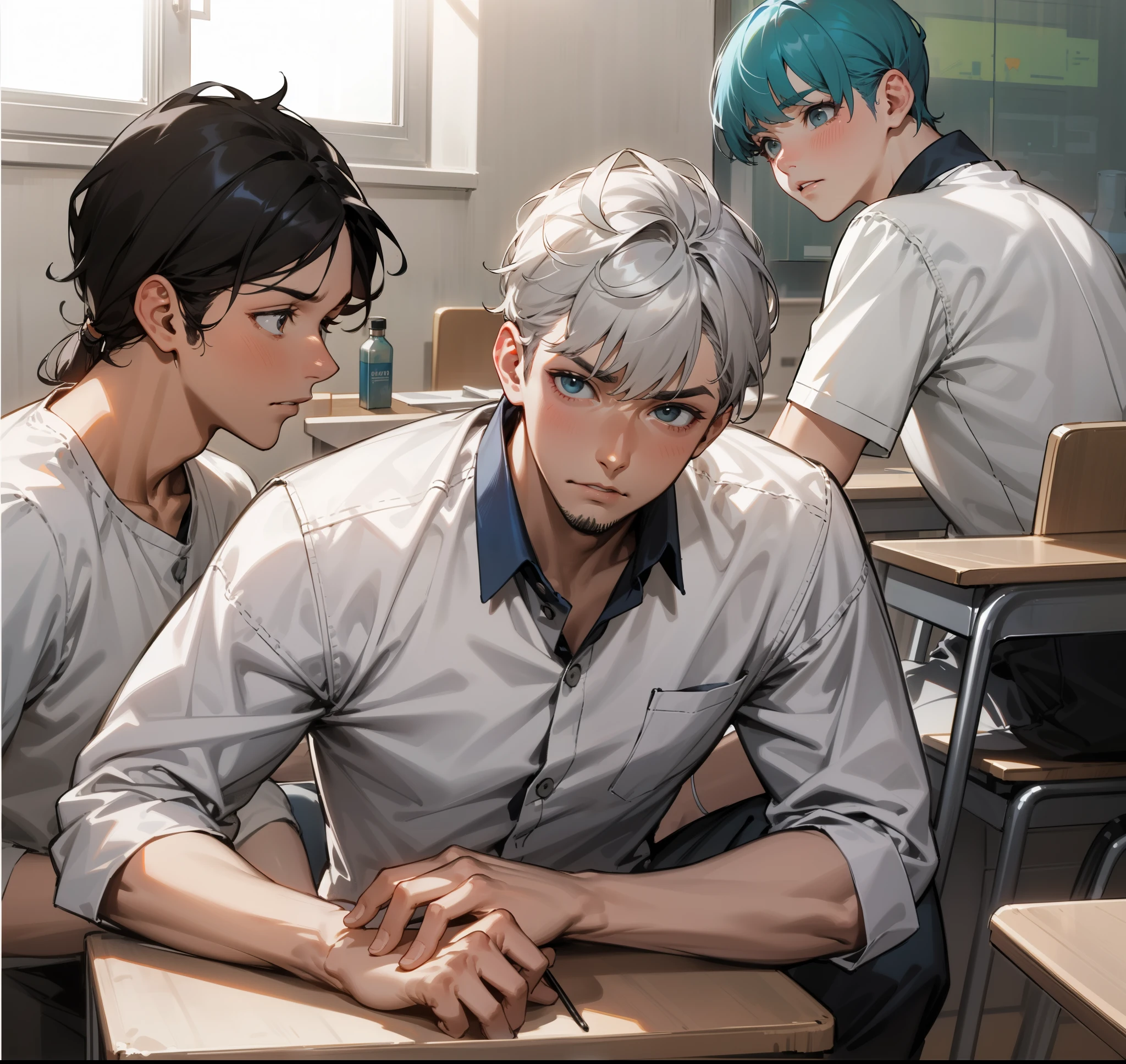 hay tres chicos uno de cabello gris triste deprimido confundido y sus amigos lo apoyan