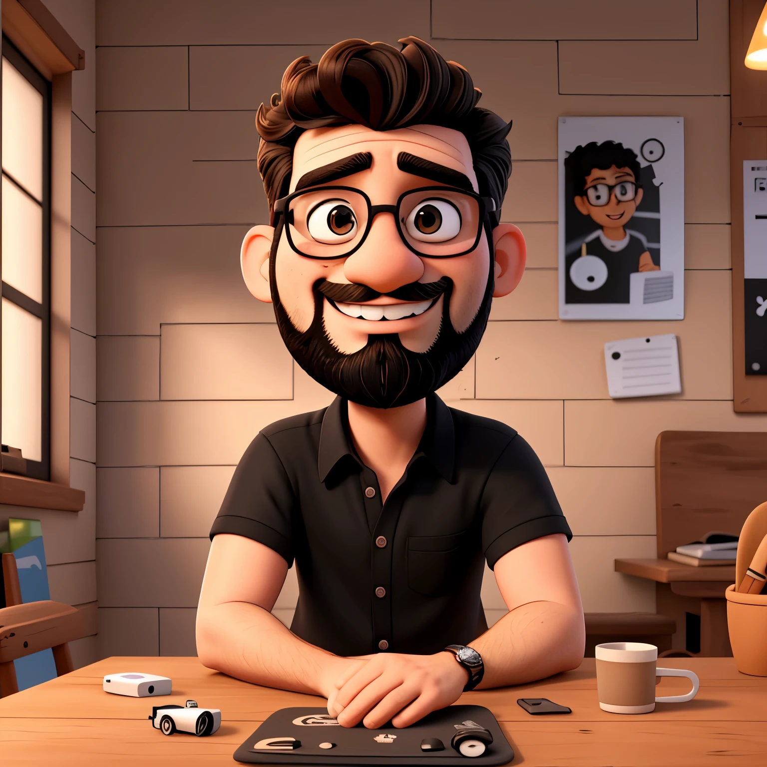 best quality image, man, 30 years old, short curly hair, thick beard, wearing round prescription glasses, thin face, black shirt with a skateboard design, nerd