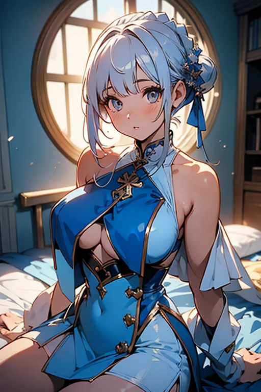 anime,1girl,pov,masterpiece,high quality,High resolution,HD,4K,8K,viscous paint,photo realistic,white hair,(Blue clothe:1.5),Nurse,(Ao Dai:1.2),Cape,(open shoulders:1.4),underbust,(breastshaping:1.2),(boob shaped clothes:1.3),mini tight Skirt,Clothes full of gaps